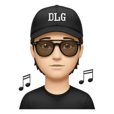 Emoji of a white man with short dark brown hair under a black baseball cap, wearing a black t‑shirt and 1980s‑style black Ray‑Ban rectangle sunglasses black lenses, with black musical notes floating around his head,  word "DLG" written on the hat sticker