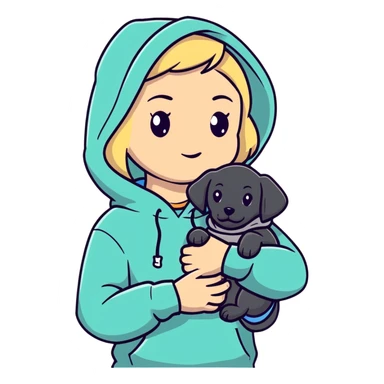 Blonde girl with smooth hair and a center part, light skin with freckles, wearing a hoodie and carrying a black baby labrador puppy in her arms sticker