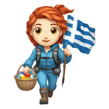 Female winter mountaineer red hair white skin climbing with Greek Flag and Easter eggs basket sticker