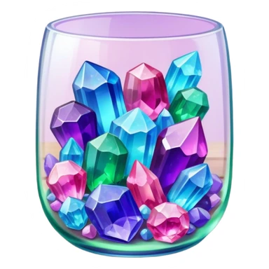 Close-up of vibrant, multicolored crystals growing in a glass container on a wooden table. Crystals in shades of purple, blue, green, pink, and clear are forming in various shapes and sizes. Soft light shines on them. Cozy indoor setting with plants and soft decor in the background. sticker