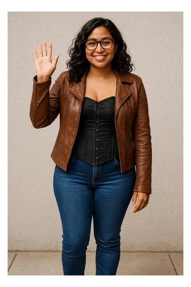 A woman with light brown skin, wavy black hair, and square-shaped glasses. She wears a black corset dress with a brown leather jacket, blue jeans, and brown ankle boots, waving hello. sticker