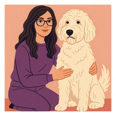 brunette female with glasses in a purple outfit and her large white or cream colored goldendoodle, modern illustration style sticker