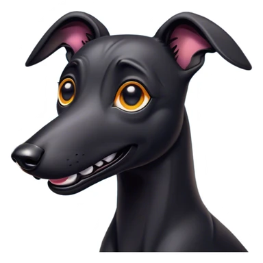 Cinematic Comical Black Greyhound Portrait Emoji, Head tilted dramatically with an exaggeratedly amused expression, featuring a glossy jet-black Fur and wide, expressive dark eyes filled with playful disbelief, Simplified yet hilariously expressive features, highly detailed, glowing with a slightly sassy glow, high shine, dramatic yet playful, stylized with an air of cheeky mischief, bright and endearing, soft glowing outline, capturing the essence of a spirited and over-the-top racer, so meme-worthy it feels like it could side-eye its way into internet fame instantly! sticker