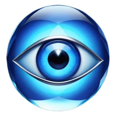 Cinematic Realistic image of a glass Evil Eye blue stone, rendered with translucent, luminous blue hues and finely cut facets that catch soft reflective light, set against a dark, minimalist backdrop to emphasize its mystical allure. sticker