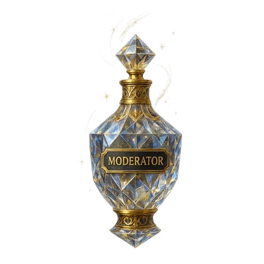 premium class crystal elixir bottle with the inscription 'Moderator', lots of shining, facets, ornaments, golden details, magical effects, very small golden neck, transparent background, beautiful seamless bottom, bottle clearly floating in the air without base or shadow, very luxurious, modern, matching the collection sticker