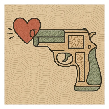 heart gun, ukiyo-e style, traditional Japanese illustration sticker