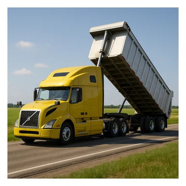 ultra-realistic Volvo yellow semi sleeper truck and silver end dump trailer, trailer tilted up as if dumping, driving left down a photorealistic country road with grassy fields and blue sky sticker