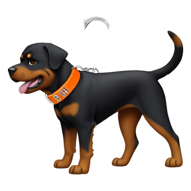 Rottweiler dog wearing a orange collar with a key chain that says “Diesel” sticker