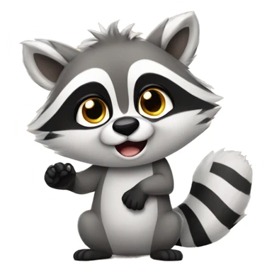 A cute fluffy raccoon waves his paw and greets sticker