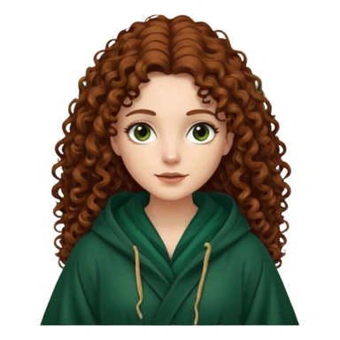 A white woman, a little thicker, with long dark auburn hair robed and hooded like she's a Traitor in the tv show The Traitors. her hair is mostly curly (kinda frizzy, not clean curls) and the robe is a dark dark forest green color sticker