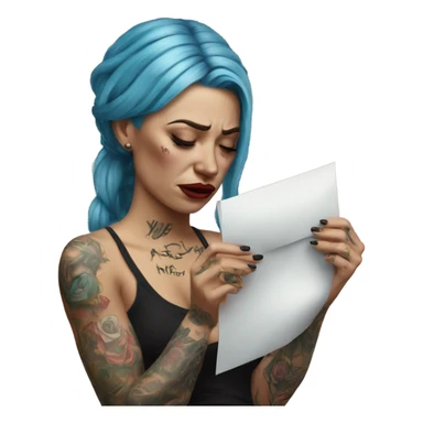 Hyper Realistic Beautiful tattooed woman crying holding a letter  sticker
