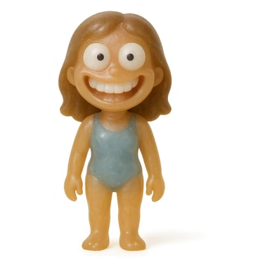 Edit the image of a beach girl to look happy and derpy with a big smile and very derpy, oversized white eyes with small black pupils looking in different directions. She should be very transparent, wearing a simple blue one-piece swimsuit, standing in a neutral pose, much smaller in the frame so her entire body is visible with no cropping. The style should resemble a retro 90's toy style: very transparent, slightly see-through, natural tan skin, brown hair, soft plastic texture, soft reflections, soft and squishy, some cloudiness, not shiny, highly detailed, appealing, no tag, no background, and no suggestive details. sticker