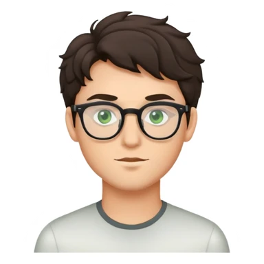 young man with dark slightly curled hair wearing glasses with green eyes sticker