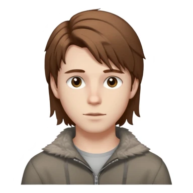 A young white boy with brown hair and eyes, with slightly long, straight and disheveled hair with wolfcut haircut, Make it look aesthetic, it's a trans boy sticker