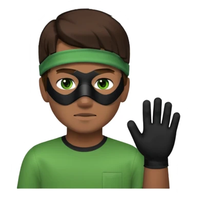 Chico de pelo marrón, ojos verdes y la mitad de la cara color gris ceniza. Con un cubre bocas negro, que tiene una camisa verde por encima de una remera blanca, y tiene un guante negro en una sola de las manos. Estilo minecraft sticker