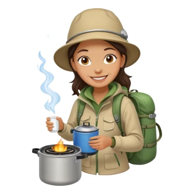 A woman camper boiling water on a portable stove, enjoying the outdoor sticker