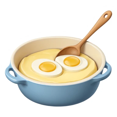A cream ceramic baking bowl with a wooden spoon in it, next to it is a carton of eggs and butter sticker
