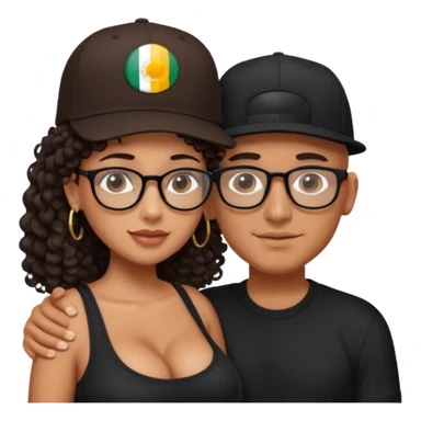 A picture of an embracing tanned couple. the man is a Mexican man with tanned skin, with a bald hair cut wearing a SnapBack hat and a black shirt. the woman has glasses on with long curly dark brown hair and with big boobs.  sticker