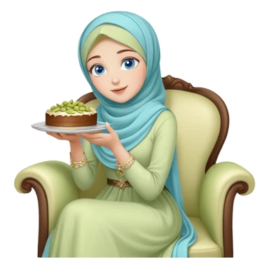 Turkish beautiful finish Konya girl blue eyes with pastel hijab long tail dress and sits on the chair and holds pistachios cake with her hand  sticker