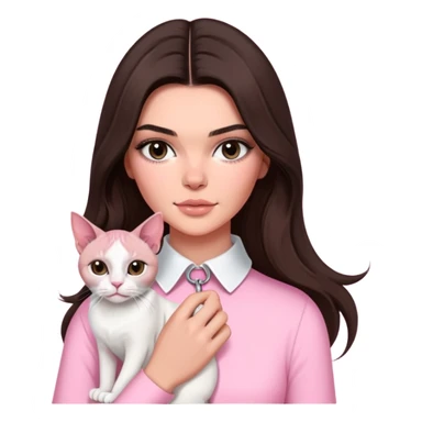 brunette Kendall Jenner with long hair holding a Sphynx cat and a white cat wear on pink collar sticker