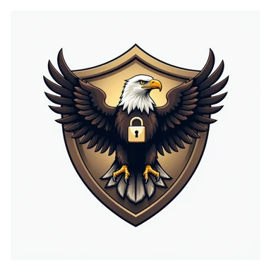 realistic eagle styled to resemble a security agency named Pinsafe, eagle with vigilant protective expression, subtle design elements evoking security and trust, shield motif or lock integrated into feathers or background, professional modern look, security agency brand sticker