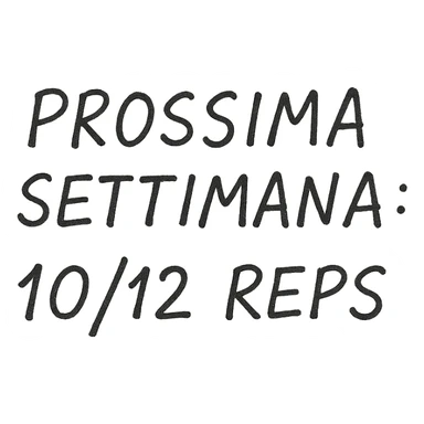 top view paper sheet with handwritten pen text 'PROSSIMA SETTIMANA: 10/12 REPS', no background, realistic handwritten effect sticker