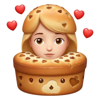 Apple-style emoji illustration of a cuteperson  with dreamy eyes thinking of a traditional panettone, small hearts floating around, soft 3D emoji style, smooth gradients, rounded shapes, warm festive colors, simple expression, centered composition, transparent background, no text. sticker