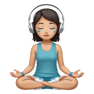 An East Asian woman🧘🏻‍♀️ is sitting cross-legged in a meditation pose, wearing Apple headphones🎧 and listening to music. The song is so beautiful that she has her eyes closed and tears streaming down her face. sticker