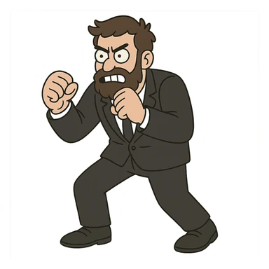 flat toon style bearded man in a black suit, fighting posture sticker