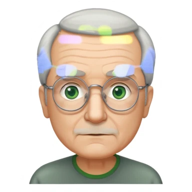 Old man with receding hair, grey hair only on the sides, green eyes, rectangular reading glasses, rounded face sticker