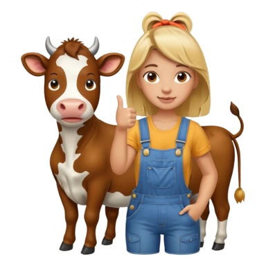 Girl standing with cow in overalls giving thumbs up sticker