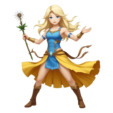 full body woman long blonde hair blue eyes white skin muscular build dandelion wind summoner sticker