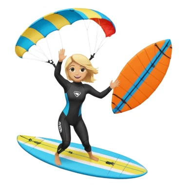 Kitesurfing blond ladie showing parachute and board sticker