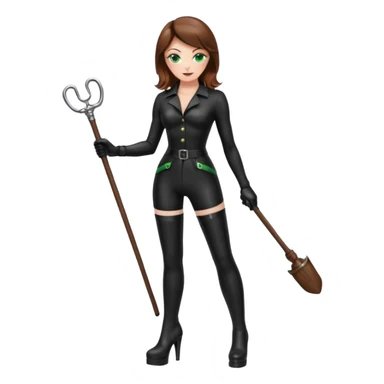 Create Dominatrix in black latex clothes,green eyes,brown hair and platform boots sticker