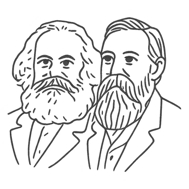 a black outline portrait of Karl Marx and Engels together based on a famous portrait of them, with eyes the same size sticker