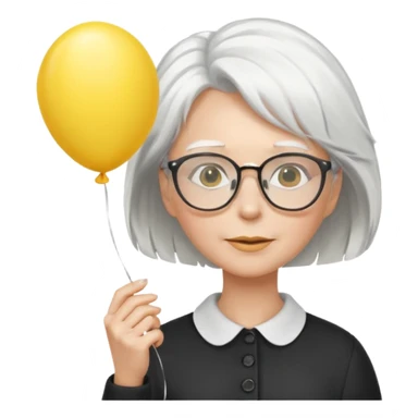 woman with wind white hair and wearing glasses, holding yellow balloon sticker