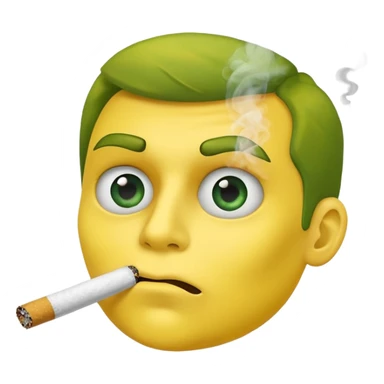 Hazme una carita amarilla aturdida con un cigarro en la boca soltando humo, el cigarro es de papel de liar y dentro está relleno de un tabaco verde sticker