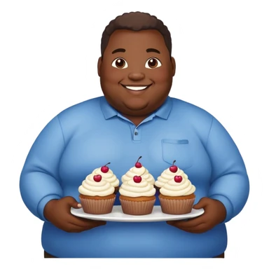 Extremely overweight African American man with a very round face and body, smiling and holding cupcakes sticker