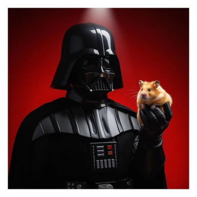 Extreme Closeup Photo of a darth vader holding big hamster, low key light, red solid background with leading lines, back light, spot light sticker