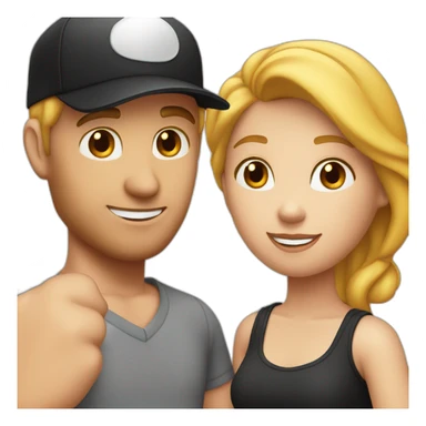 couple blond man with black cap and white shirt, woman with red hair shirt with neckline sticker