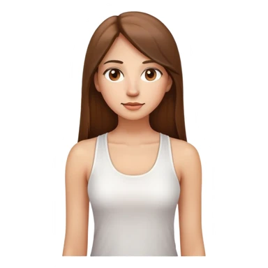 A woman with a round face, big round nose, long straight brown hair, and brown eyes, wearing a white tank top. The style should resemble the Apple emoji design, with a smooth, simple appearance and bright, clear features. sticker