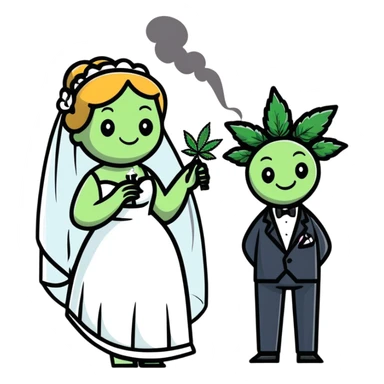 Full body view of person in fancy clothes sneaking into a wedding ceremony with a mischievous grin, uninvited guest, smoking cannabis sticker