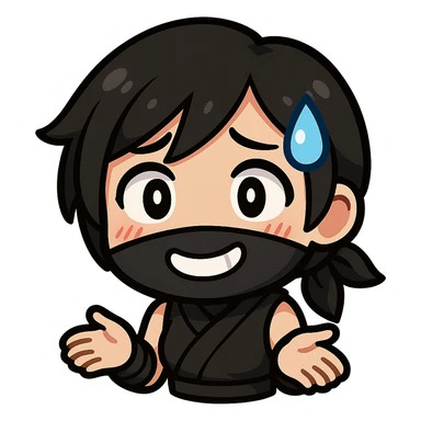 Sexy chibi ninja girl with black short hair and a blonde streak, only head and arms, colorful chibi style with bold outlines, transparent background, no mask, nervous expression with a big sweat drop and awkward smile, sized for Twitch emoji use. sticker