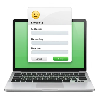 A emoji-style illustration of a laptop front facing with its screen showing onboarding form. On the screen, display a small white form card with a few simplified input fields. Add a bright green 'Next' button at the bottom of the card. sticker