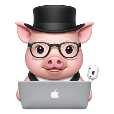 Cute mini pig coding on macbook pro wearing glasses, airpods pro and top hat sticker