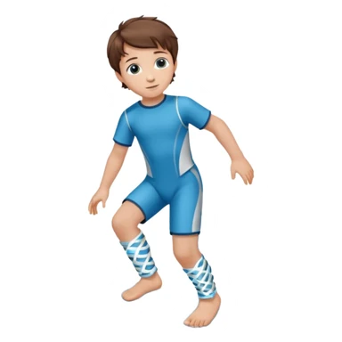 A little male child with a nice outfit and  curled brown hair and orthopedic ankle-foot orthosises (AFO) for a small child. The brace goes just below the knee and its with a bright blue water-like pattern with a spiral side design. sticker