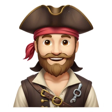 Clash of Clans aesthetic Cheerful Pirate Portrait Emoji, With a bright, confident smile and a relaxed yet adventurous posture, showcasing a stylized, rugged build with a classic pirate hat and a neatly groomed beard, his face in natural skin tone, Simplified yet expressive features, highly detailed, glowing with a soft, luminous maritime radiance, high shine, upbeat and daring, stylized with an air of classic swashbuckler allure, soft glowing outline, capturing the essence of a cheerful pirate ready to chart epic voyages! sticker