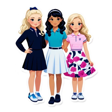  one  girl with shortish straight black hair and white skin with golf clothes on, one American girl with long curly dirty blond hair and a floral dress on. All three are teens. They are all friends sticker