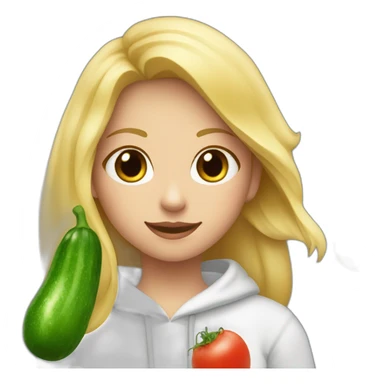 blonde girl  eating  cucumber and tomatoes with white hoodie iridescent and a crown princess sticker