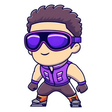 male athlete with white skin and moderately curly dark brown hair on top with shaved sides, wearing ski goggles with purple frames and very dark black lenses, a simple plain black chain necklace, and a completely unzipped sleeveless vest with purple and black sequin fire pattern design with no logo, fully revealing his chest, shoulders and arms, no earrings sticker